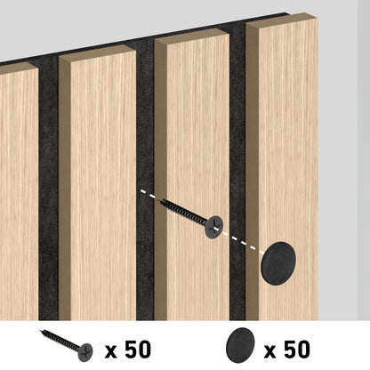 Close-up of a screw being inserted into an Artika Sonofold sound-absorbing wall panel (pack of 2), with a round black cover concealing the screw. Icons below show 50 screws and 50 covers included.