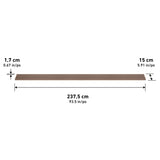 A long, narrow rectangular brown plank with grooves, measuring 237.5 cm (93.5 in) in length, 15 cm (5.91 in) in width, and 1.7 cm (0.67 in) in thickness; dimensions are labeled.