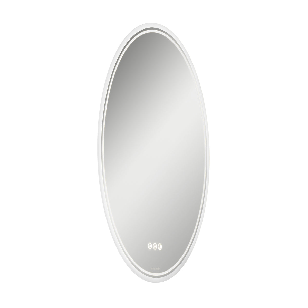 A round, wall-mounted mirror with a white frame and three touch-sensitive buttons at the bottom center, displayed against a plain white background.
