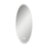 A round, wall-mounted mirror with a white frame and three touch-sensitive buttons at the bottom center, displayed against a plain white background.