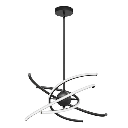 The Silvio LED pendant light by Artika features a modern black design with a central sphere and four curved, intersecting LED bars, suspended from a round ceiling mount. Its contemporary style includes 3 CCT color temperature options.