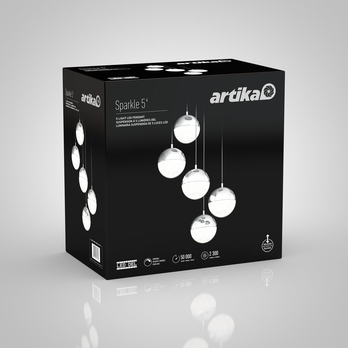 A black box for the Artika Sparkle 5 LED pendant light fixture, featuring images of five hanging spherical lights and product details on the packaging.