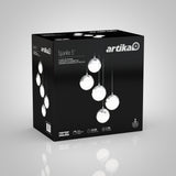 A black box for the Artika Sparkle 5 LED pendant light fixture, featuring images of five hanging spherical lights and product details on the packaging.