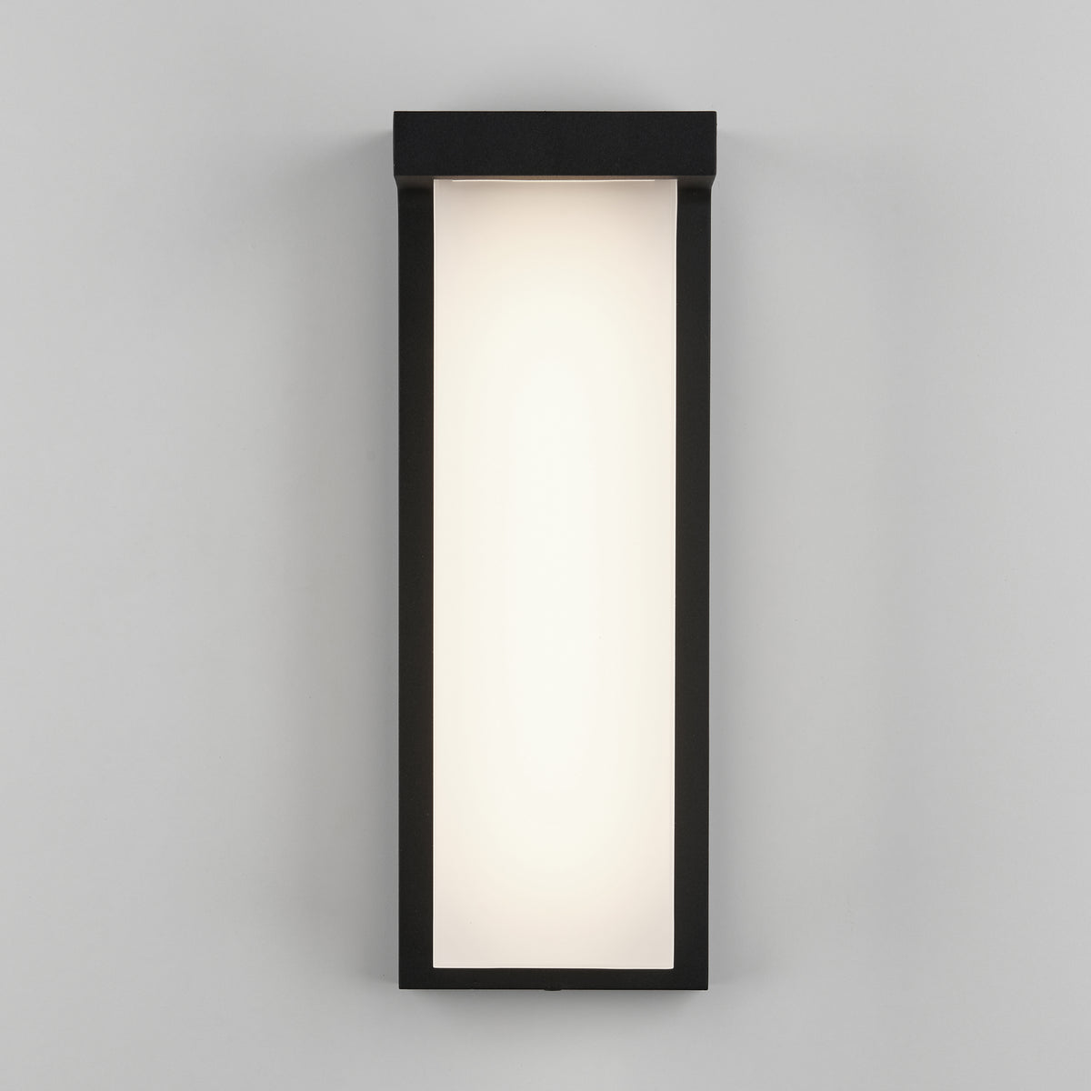 Rectangular wall sconce light fixture with a black frame and a frosted white panel in the center, mounted on a light gray wall.