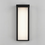 Rectangular wall sconce light fixture with a black frame and a frosted white panel in the center, mounted on a light gray wall.