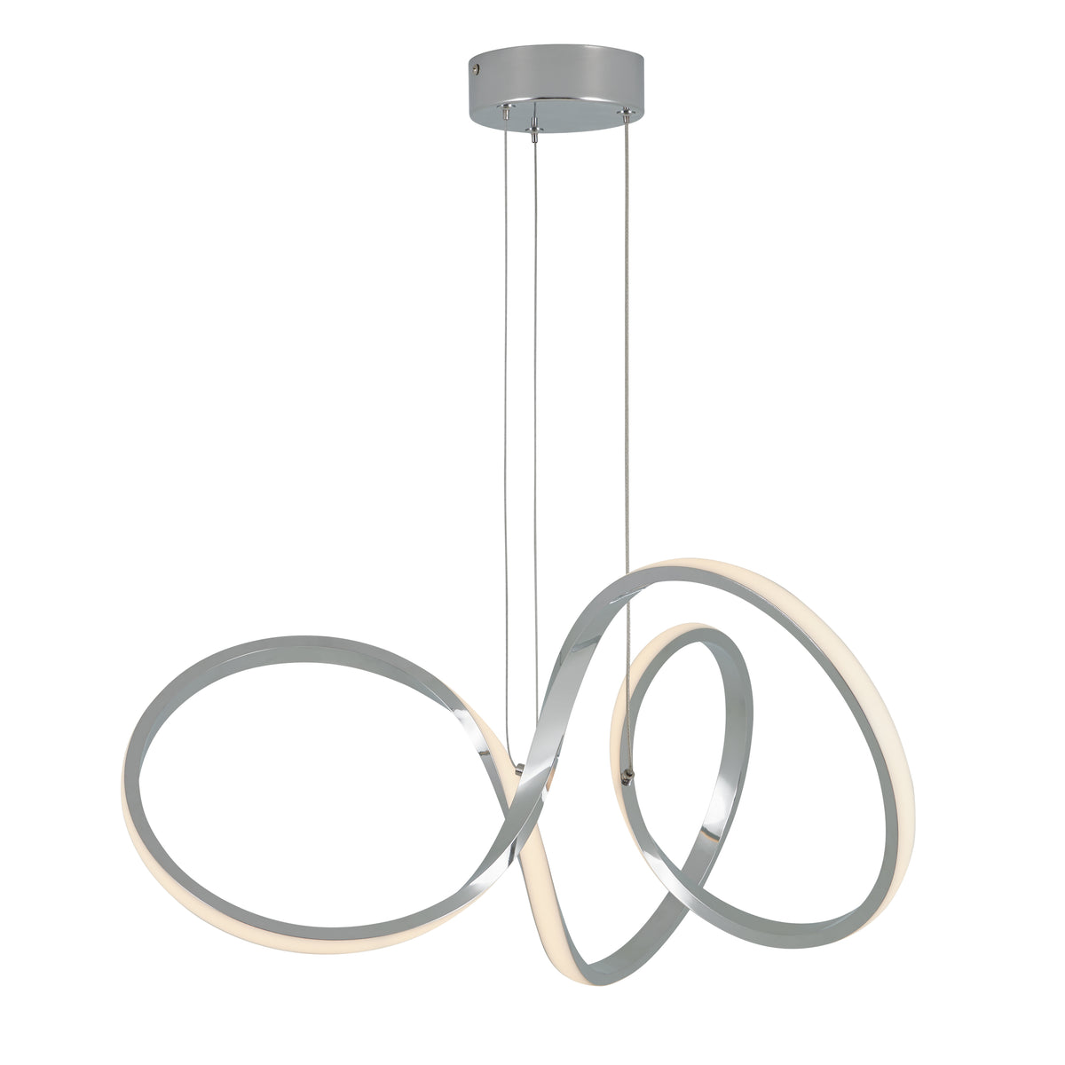 Modern LED pendant light with intertwined, silver metal loops suspended from a round ceiling mount by three thin wires. The loops have integrated white LED strips, giving a contemporary look.