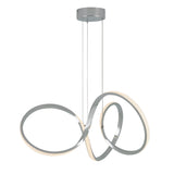 Modern LED pendant light with intertwined, silver metal loops suspended from a round ceiling mount by three thin wires. The loops have integrated white LED strips, giving a contemporary look.