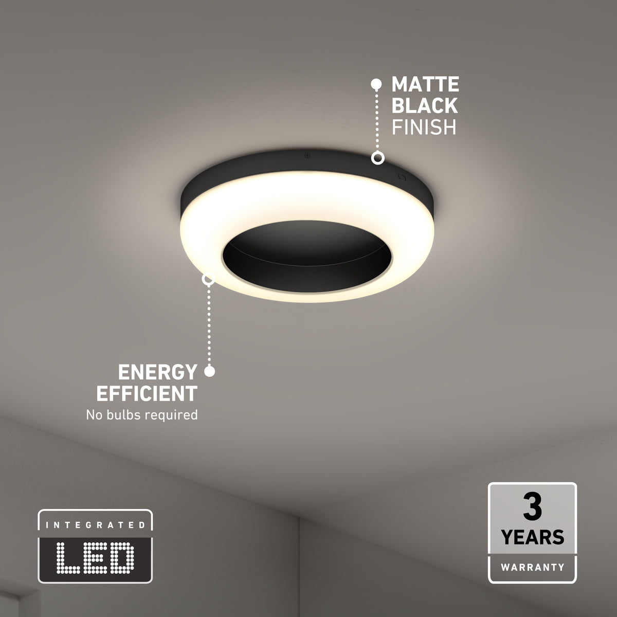 A round ceiling light with a matte black finish and integrated LED, glowing softly. Text highlights its energy efficiency, matte black finish, 3-year warranty, and that no bulbs are required.
