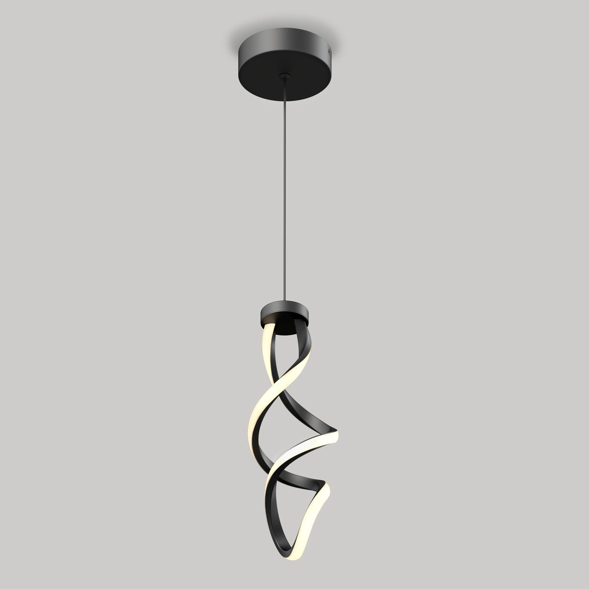 The Artika Mini Swirl LED pendant light features a modern black twisted spiral design with an integrated LED strip, suspended from a round ceiling mount against a plain gray background.