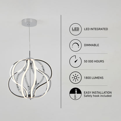 Artika Meridian LED pendant light in chrome with curved, glowing LED strips, 1800-lumen dimmable output, and 50,000-hour lifespan.