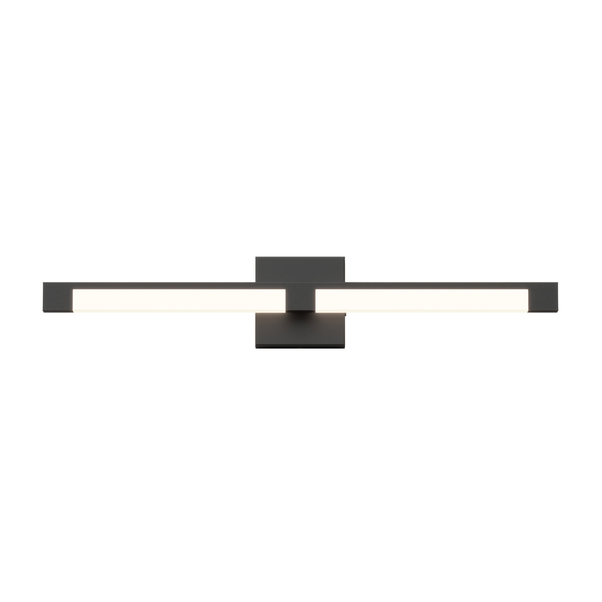 A modern, rectangular wall-mounted LED light fixture with a black central base and two horizontal illuminated bars extending from each side. The design is minimal and symmetrical.