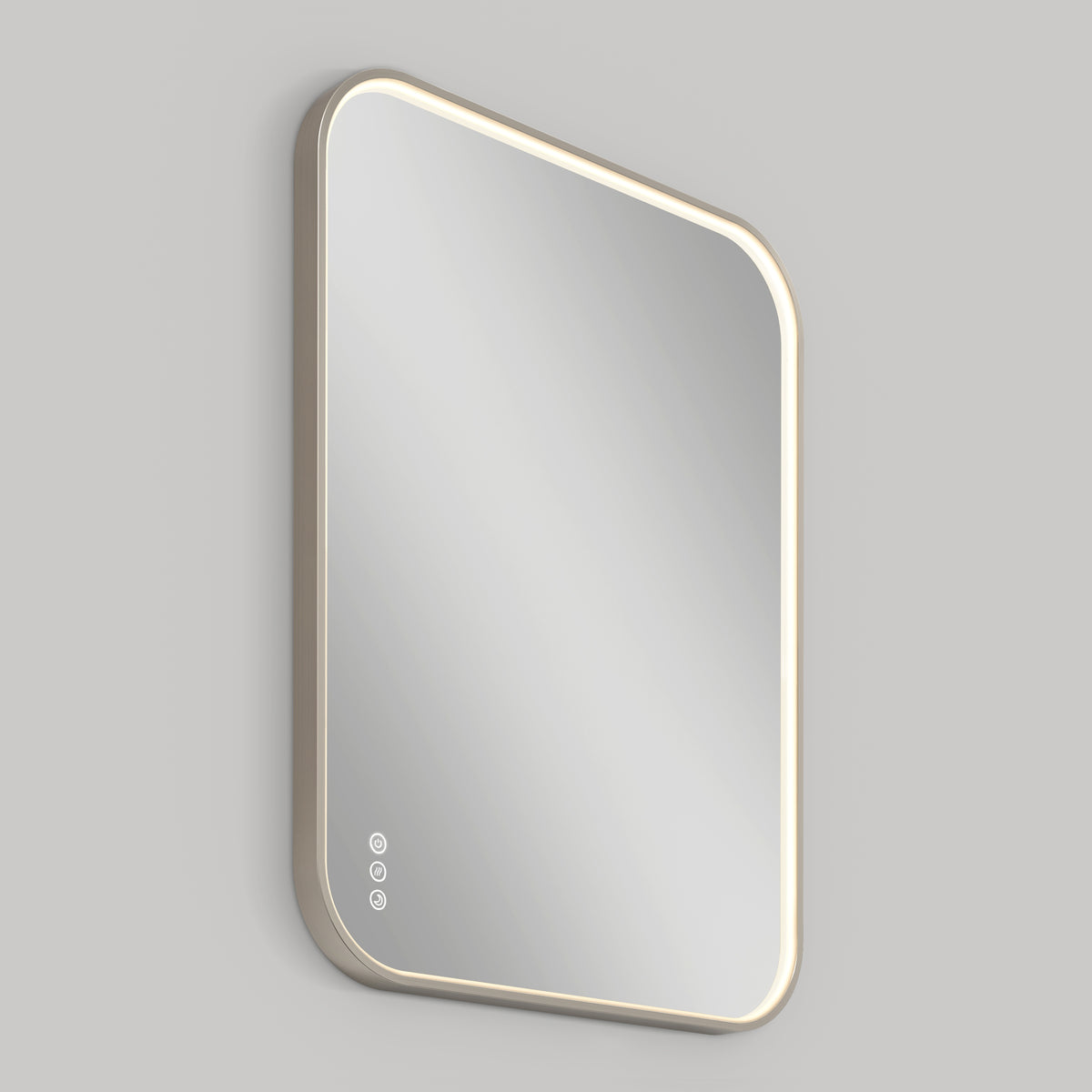 The Artika Royce Dimmable LED Mirror, 3 CCT, features a modern rectangular design with rounded corners, a lighted frame, and three touch buttons in the bottom left; it can be mounted horizontally or vertically on any wall.