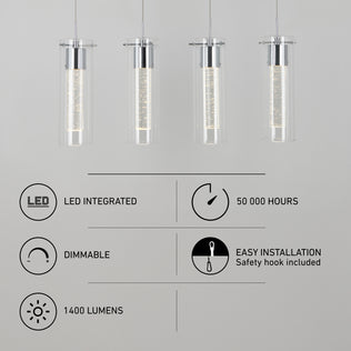 Four Essence 4-light LED pendant lights with 1400 lumens, dimmable settings, easy installation, and a 50,000-hour lifespan.