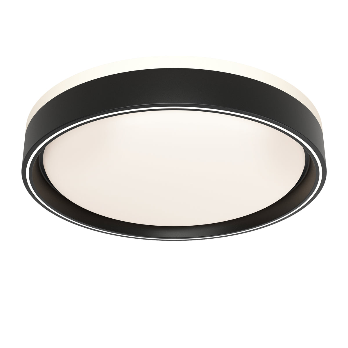 A modern round ceiling light fixture with a black outer rim and a white diffused center, designed for contemporary interiors.