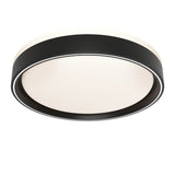 A modern round ceiling light fixture with a black outer rim and a white diffused center, designed for contemporary interiors.