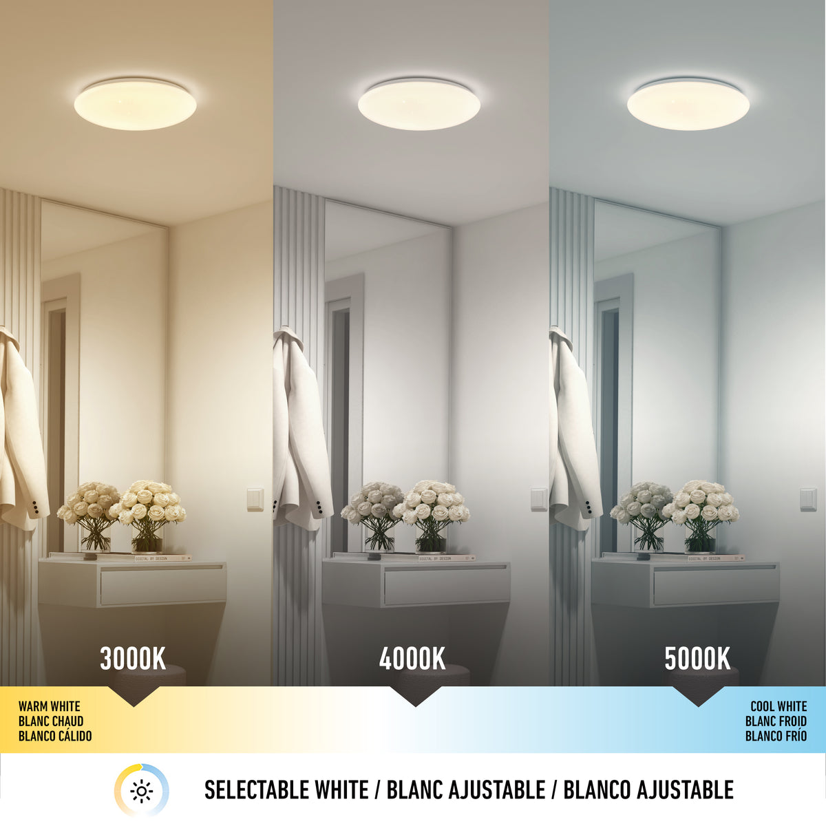 A room shown under three lighting temperatures: warm white (3000K), neutral white (4000K), and cool white (5000K), demonstrating how selectable white lighting changes the ambiance and color of the space.