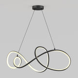 A modern pendant light with a black, looping, infinity-shaped design, suspended by two thin cables from a round ceiling mount, featuring integrated LED illumination on the inner edges.