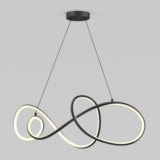 The Artika Siena modern LED pendant light 5 CCT features intertwined, looping LED strips in a sleek black design, suspended by two thin cables from a round ceiling mount against a plain, light gray background.