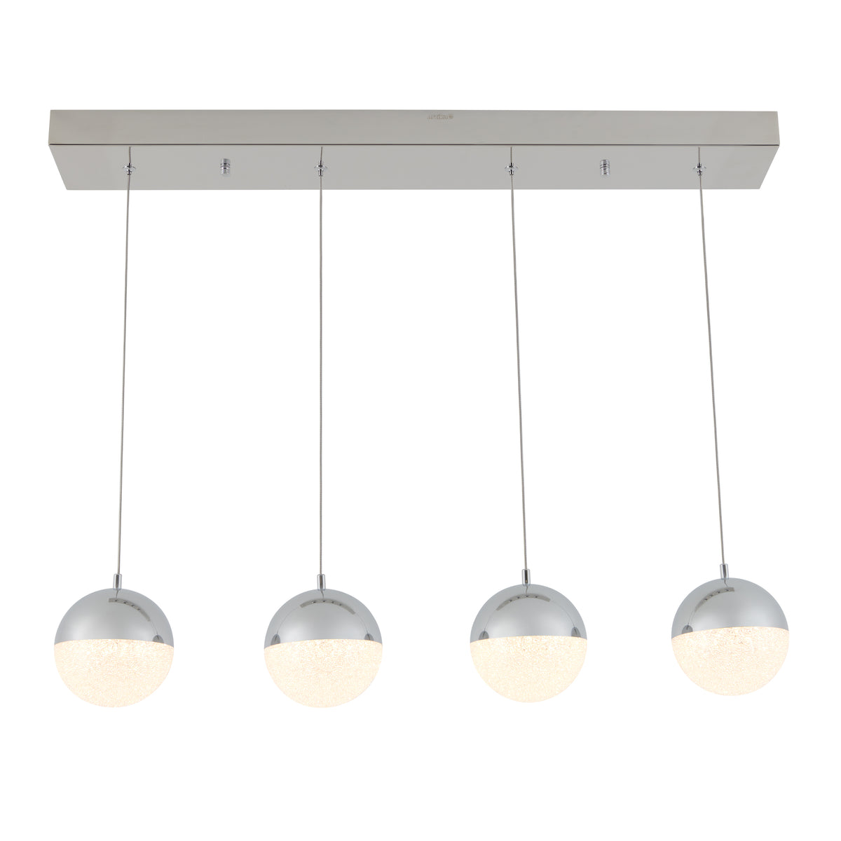 Rectangular ceiling light fixture with four evenly spaced, spherical pendant lights hanging in a row. Each pendant has a chrome top and a frosted white lower half, emitting a soft glow.