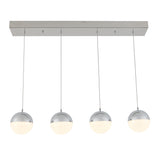 Rectangular ceiling light fixture with four evenly spaced, spherical pendant lights hanging in a row. Each pendant has a chrome top and a frosted white lower half, emitting a soft glow.