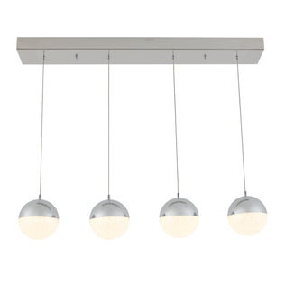The Artika Sparkle 4-light LED pendant features four spherical lights, each half silver and half frosted white, hanging in a row from a rectangular metallic base and emitting a soft, modern glow.