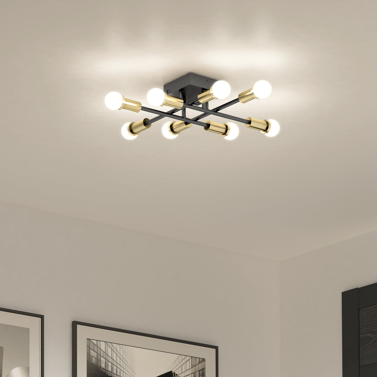 The Aristo LED flush mount 3 CCT by Artika features eight exposed bulbs, gold accents, and adjustable color temperature.