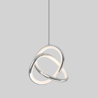 A modern pendant light featuring two interlocking rings, one emitting a soft white glow and the other metallic, suspended from a single cord against a plain grey background.