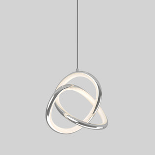 The Artika Zephyr LED pendant features two interlocking oval rings—one glowing white, one metallic silver—suspended from a slim cord against a plain gray background.