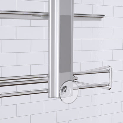 Close-up of the Artika Camden Shower Caddy mounted on a white tiled bathroom wall, highlighting its attachment point, with a circular magnified detail shown in the lower corner.