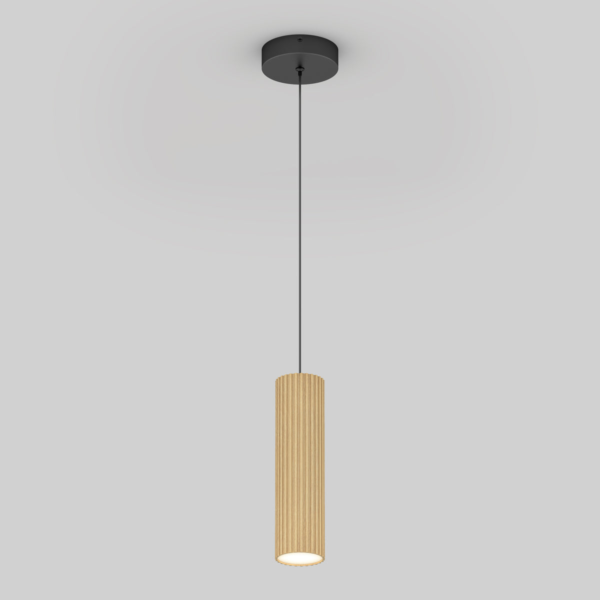 The Artika Groove LED modern pendant light features a cylindrical ribbed beige shade with a textured wood finish, hanging from a thin black cord and round black ceiling mount—perfect for stylish kitchen island lighting.