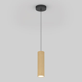 The Artika Groove LED modern pendant light features a cylindrical ribbed beige shade with a textured wood finish, hanging from a thin black cord and round black ceiling mount—perfect for stylish kitchen island lighting.