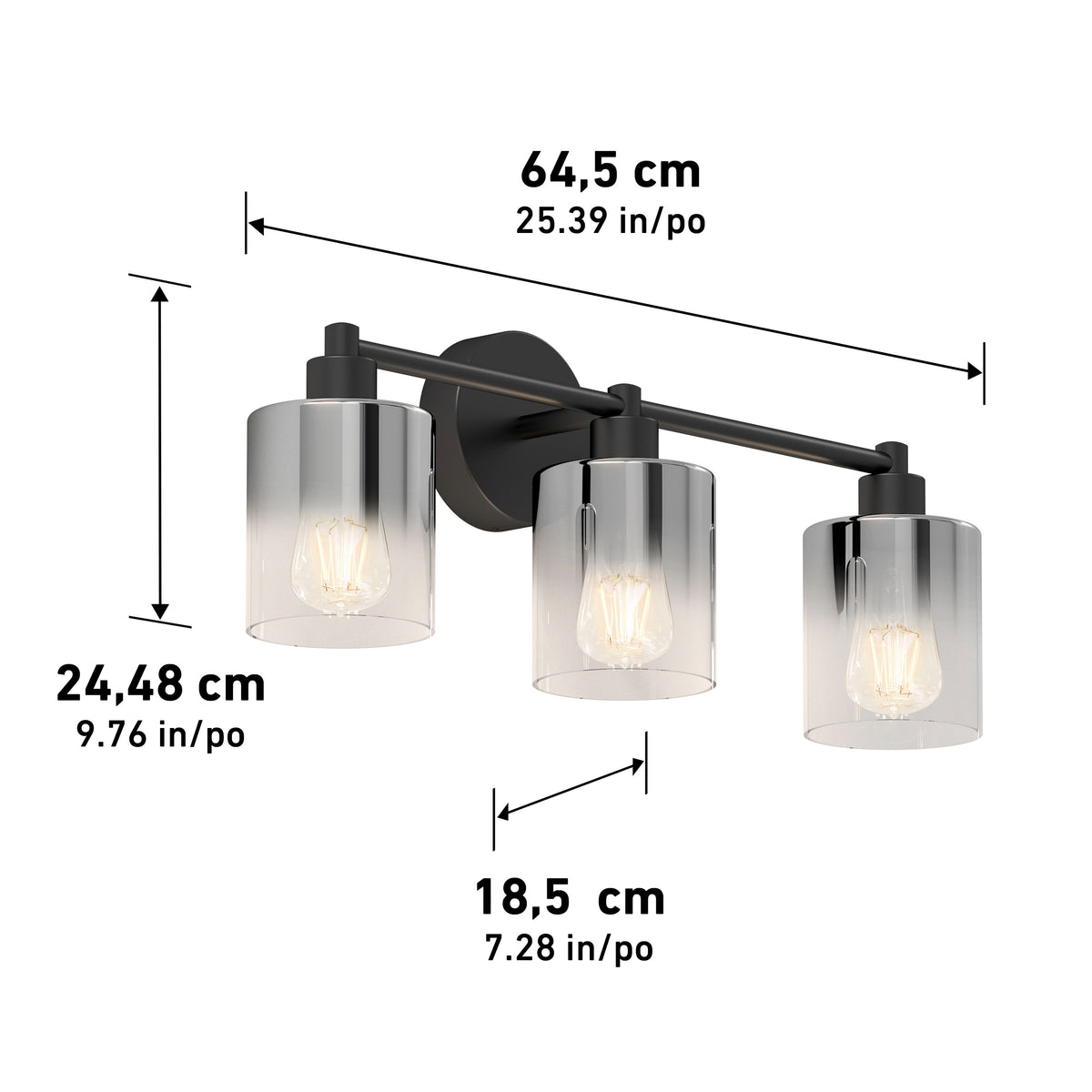 Three-light wall fixture with cylindrical glass shades, black metal frame, and measurements: 64.5 cm wide, 24.48 cm high, and 18.5 cm deep. Each shade contains a visible light bulb.
