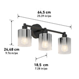 Three-light wall fixture with cylindrical glass shades, black metal frame, and measurements: 64.5 cm wide, 24.48 cm high, and 18.5 cm deep. Each shade contains a visible light bulb.