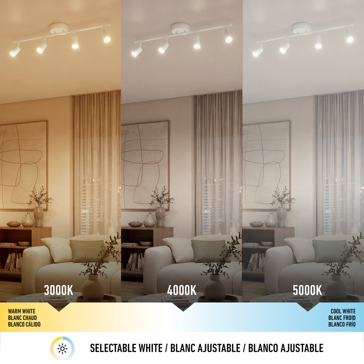 Three living rooms feature Artika’s Asher 32 in. 4-Light LED Track Light, showing warm to cool adjustable directional lighting.