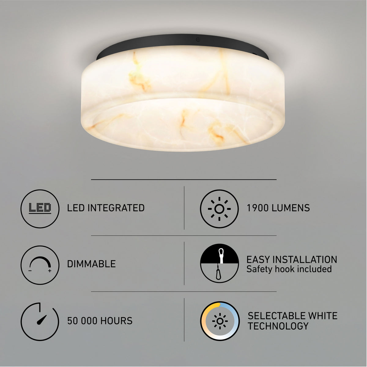 The Clifford 15 in. flush mount light by Artika features selectable white technology, LED integration, 1900 lumens, dimmable function, easy installation, a marble-like finish, and lasts up to 50,000 hours.