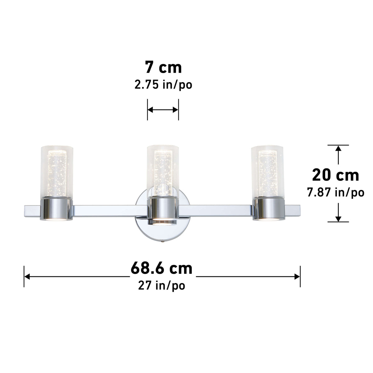 A wall-mounted light fixture with three cylindrical glass shades, each 20 cm tall and 7 cm wide. The total width of the fixture is 68.6 cm. Measurements are shown in both centimeters and inches.