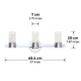 A wall-mounted light fixture with three cylindrical glass shades, each 20 cm tall and 7 cm wide. The total width of the fixture is 68.6 cm. Measurements are shown in both centimeters and inches.