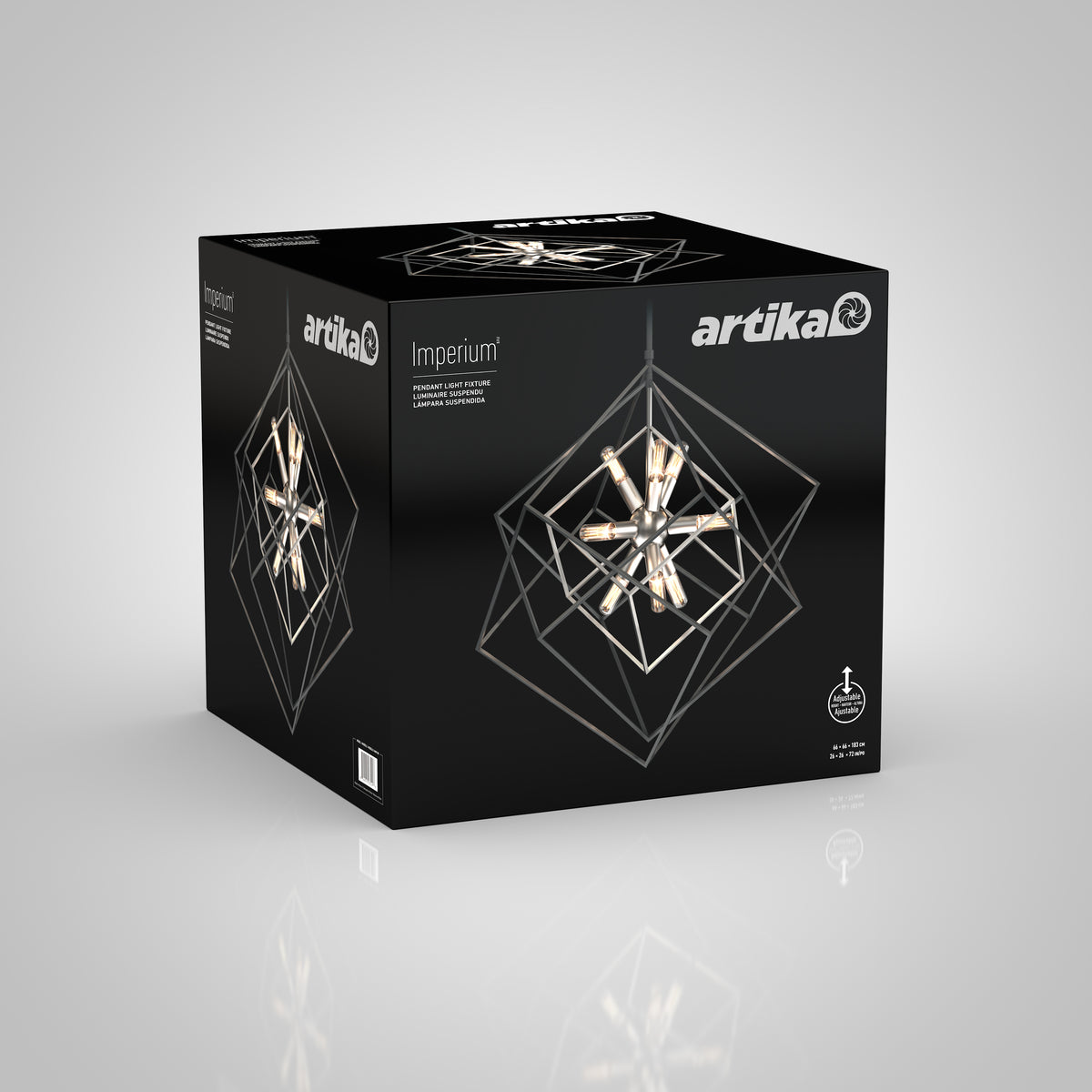 A black box with the brand name Artika and an image of a geometric chandelier called Imperium displayed on the packaging, shown on a white background.