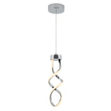 A modern pendant light with a chrome finish and a twisted, looped LED design hanging from a round ceiling mount by a thin wire.
