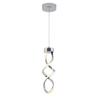 The Artika Mini Swirl LED pendant light features a twisted, ribbon-like design in a chrome finish, suspended from a round ceiling mount by a slim wire.