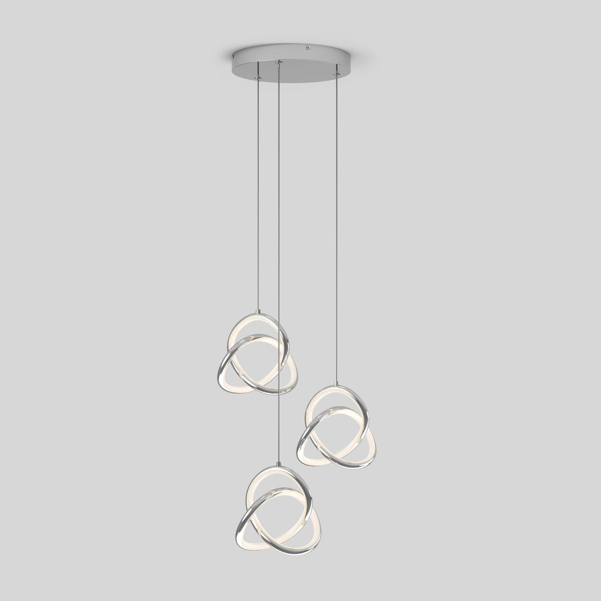 The Artika Zephyr 3-light LED pendant features three intertwined circular loops with integrated LED strips, suspended from a round ceiling plate. This dimmable modern chandelier adds style and elegance to any room.
