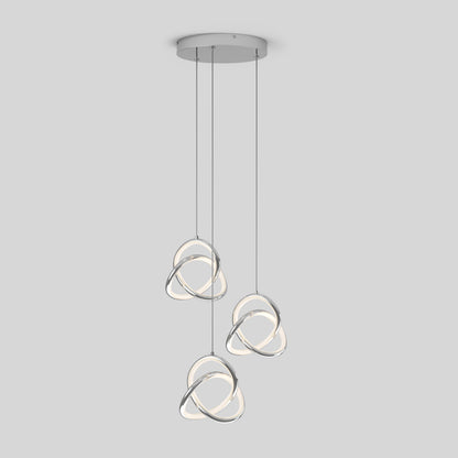 A modern ceiling light fixture with three hanging LED pendants, each shaped like an abstract metallic loop with glowing edges, suspended from a round base against a plain light gray background.
