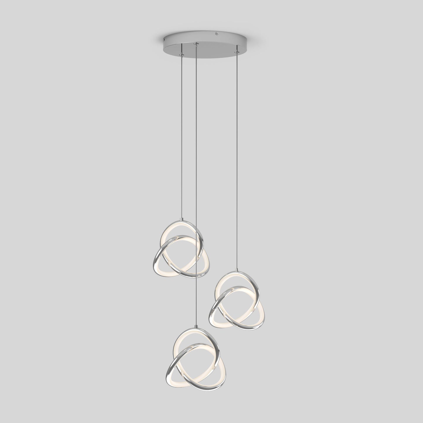 The Artika Zephyr 3-light LED pendant features intertwined metallic rings with integrated LEDs, suspended from a round ceiling mount by thin cords, set against a plain light gray background.