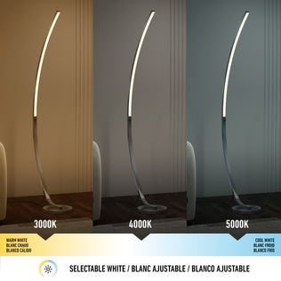 The Artika Arc LED Floor Lamp is displayed in three modes: warm white (3000K), neutral white (4000K), and cool white (5000K). A label highlights its selectable, adjustable color temperatures on this modern, sleek design.