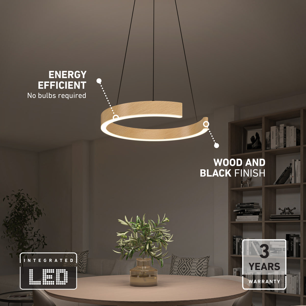 Modern dining room with the Artika Vance modern LED pendant light 3 CCT, featuring a circular wood and black finish, integrated LED for energy efficiency, and a 3-year warranty, hanging above a table with a plant.