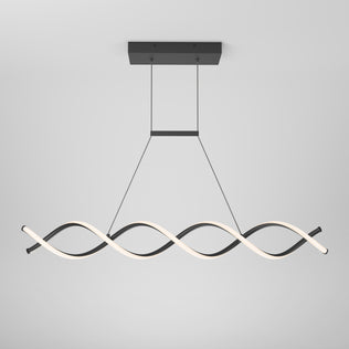 The Artika DNA Linear LED modern pendant light features a black rectangular base with two wavy, intertwined LED strips suspended by slim cables against a plain white background.