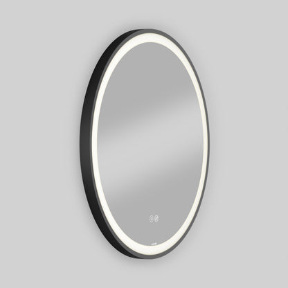 Artika Mateo 28 in. LED mirror with defogger and 3 CCT, black frame softly glowing on a gray background.