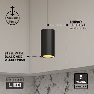 Artika Alton mini LED pendant light: black/wood, 5 CCT, height adjustable, integrated LED, 5-year warranty.