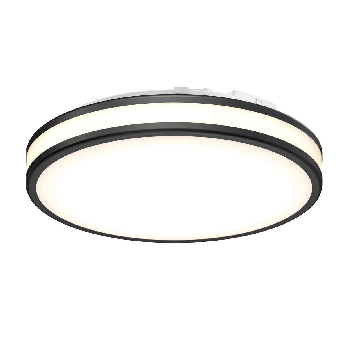 The Artika Hemisphere 15 in. LED flush mount light features a modern round design with a black border, glowing white center, and 5 CCT adjustable brightness—ideal for bathroom lighting.
