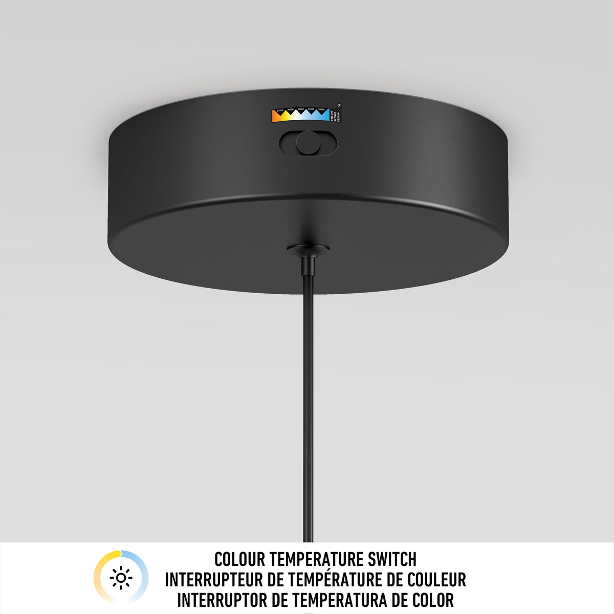 The Artika Chorus 1-light LED pendant features a black circular ceiling fixture with a small switch and color temperature icons on top. Adjustable white technology includes a "Colour Temperature Switch" in English, French, and Spanish.